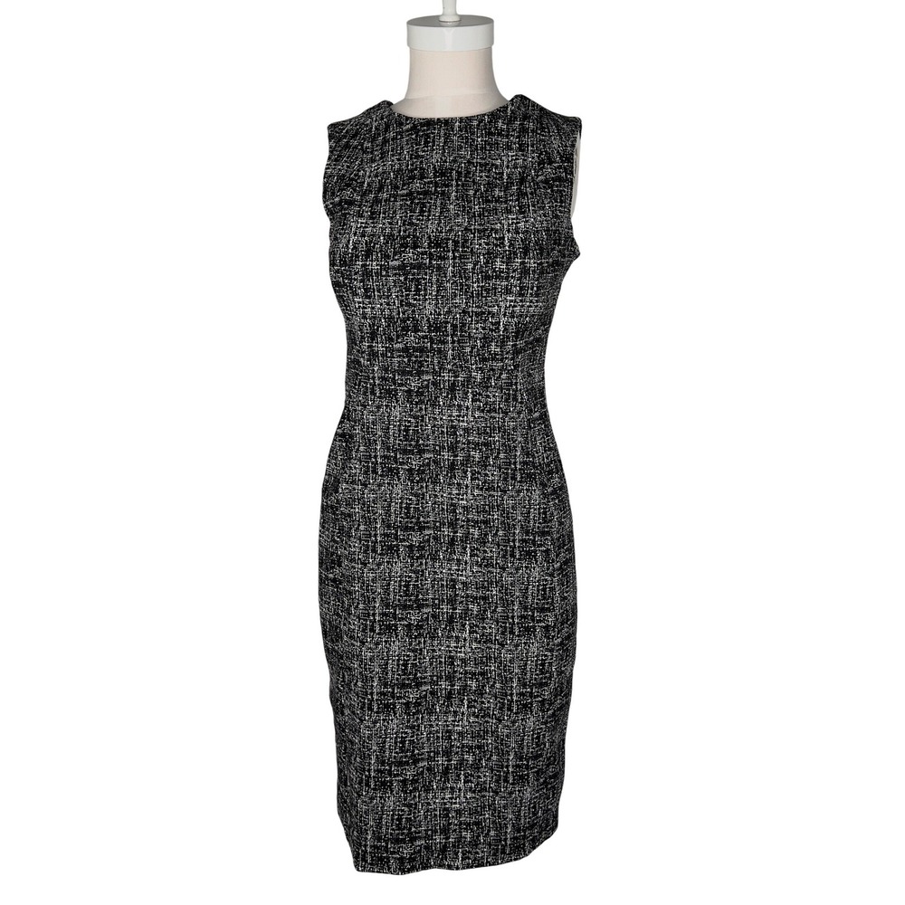 Petite Calvin Klein Womens Black White Textured Tweed Sheath Dress Gold Zip